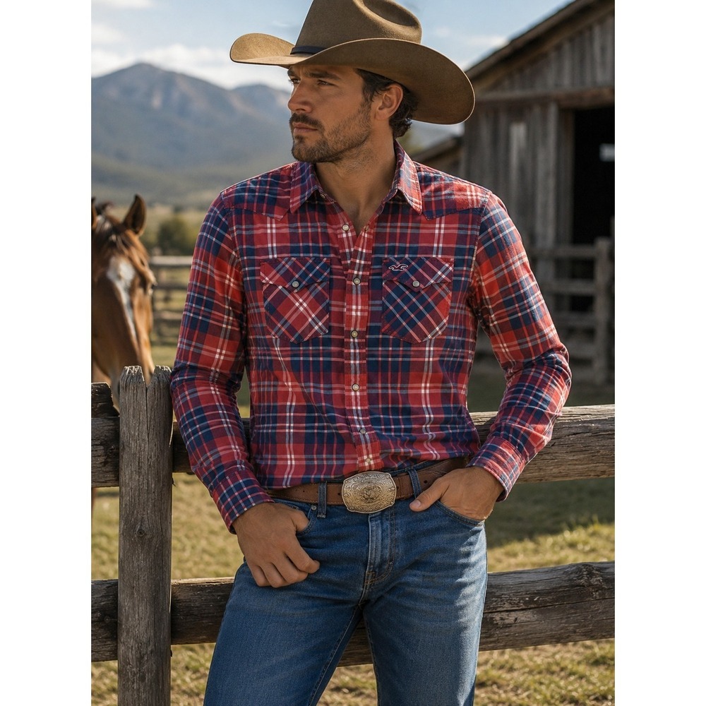 Hollister Men's Plaid Snap Front Western Shirt Long Sleeve Size‎ Small Pockets